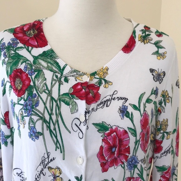 TALBOTS Size LP white combo hibiscus print cardigan - Picture 2 of 8